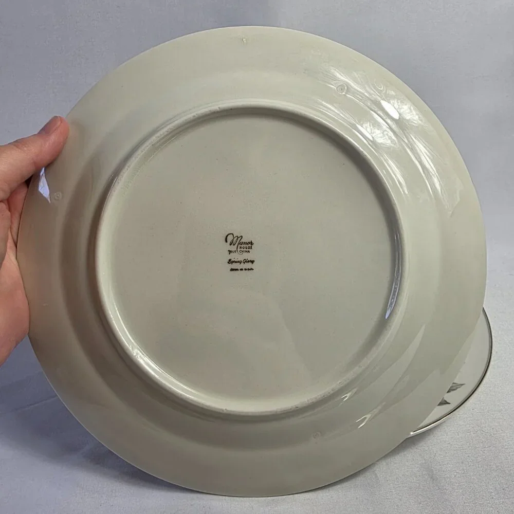 TWO Manor House Spring Glory Dinner Plates Pink & White Floral Gray Leaves